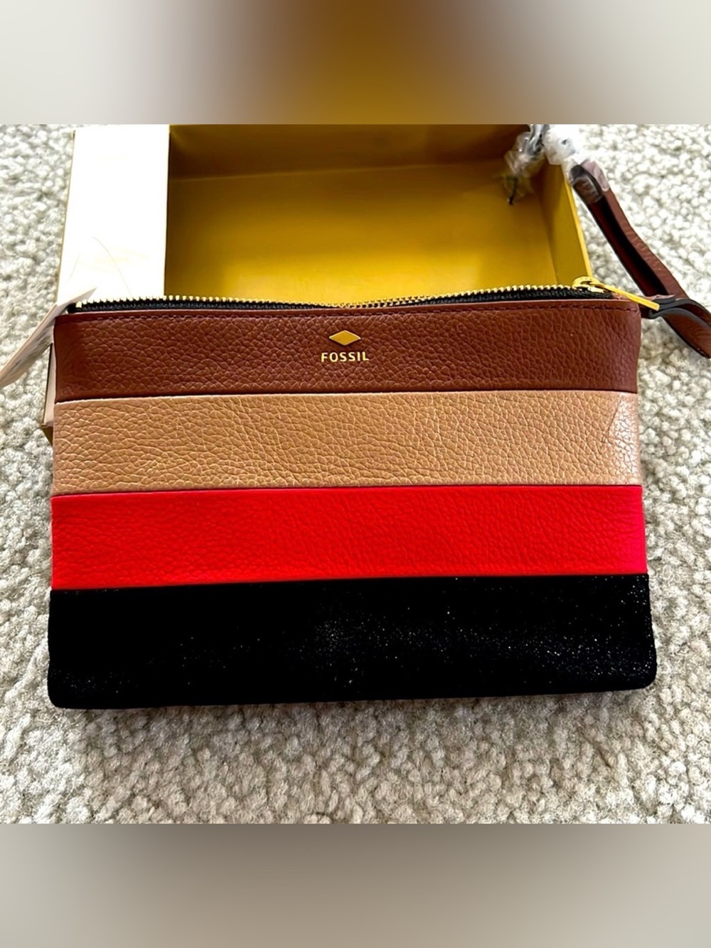 Fossil NIB Multicolor Leather Striped Wristlet Pouch Wallet Brown Gold Red Black